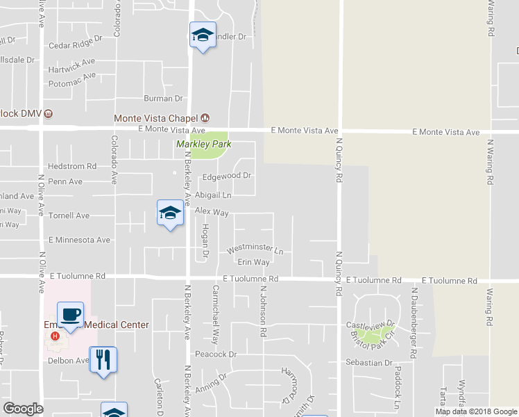 map of restaurants, bars, coffee shops, grocery stores, and more near 1873 Alex Way in Turlock