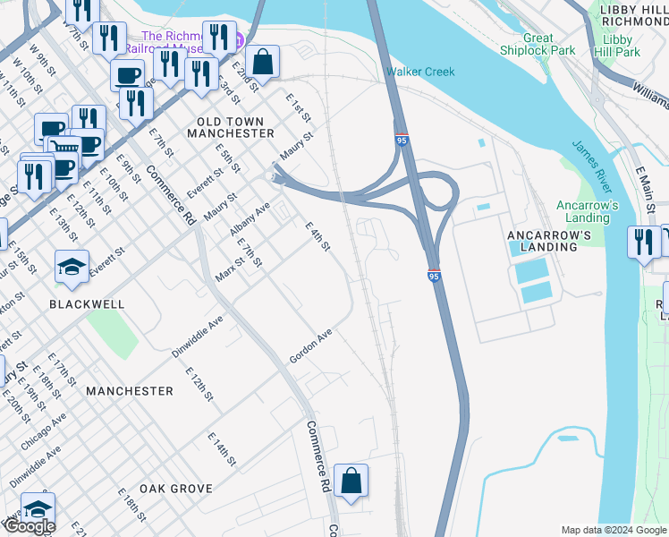 map of restaurants, bars, coffee shops, grocery stores, and more near 925 East 4th Street in Richmond