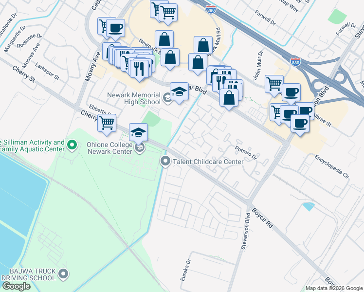 map of restaurants, bars, coffee shops, grocery stores, and more near 6371 Joaquin Murieta Avenue in Newark
