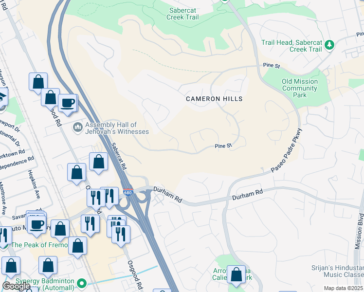 map of restaurants, bars, coffee shops, grocery stores, and more near 43822 Greenhills Way in Fremont