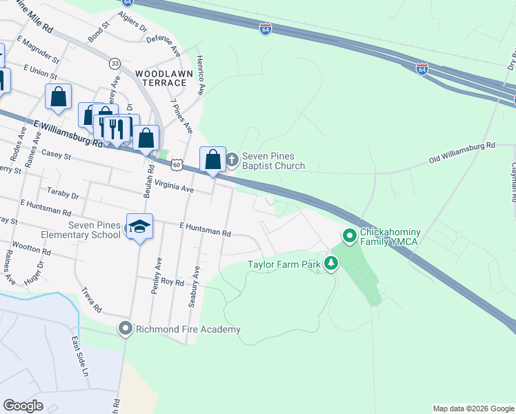 map of restaurants, bars, coffee shops, grocery stores, and more near 805 East Williamsburg Road in Sandston