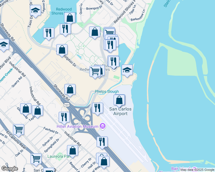 map of restaurants, bars, coffee shops, grocery stores, and more near 100 Redwood Shores Parkway in Redwood City