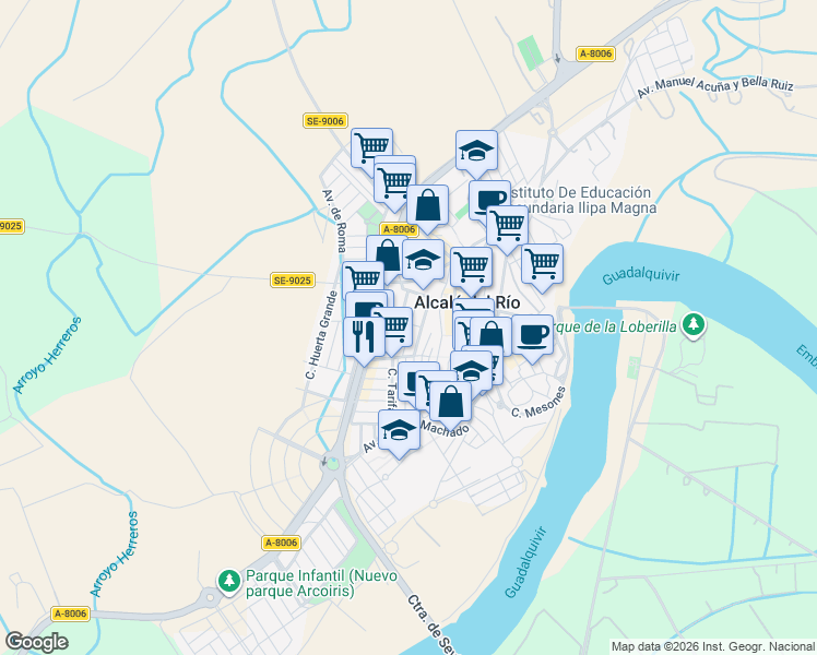 map of restaurants, bars, coffee shops, grocery stores, and more near 27 Calle Manuel García Baquero Manolo Revertito in Alcalá del Río