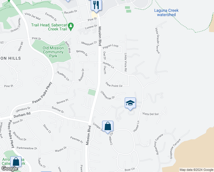 map of restaurants, bars, coffee shops, grocery stores, and more near 44327 View Point Circle in Fremont