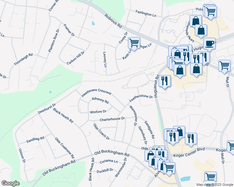 map of restaurants, bars, coffee shops, grocery stores, and more near 11736 Heathmere Crescent in Midlothian