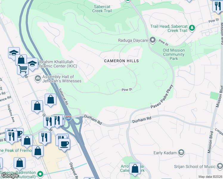 map of restaurants, bars, coffee shops, grocery stores, and more near 43884 Cameron Hills Drive in Fremont