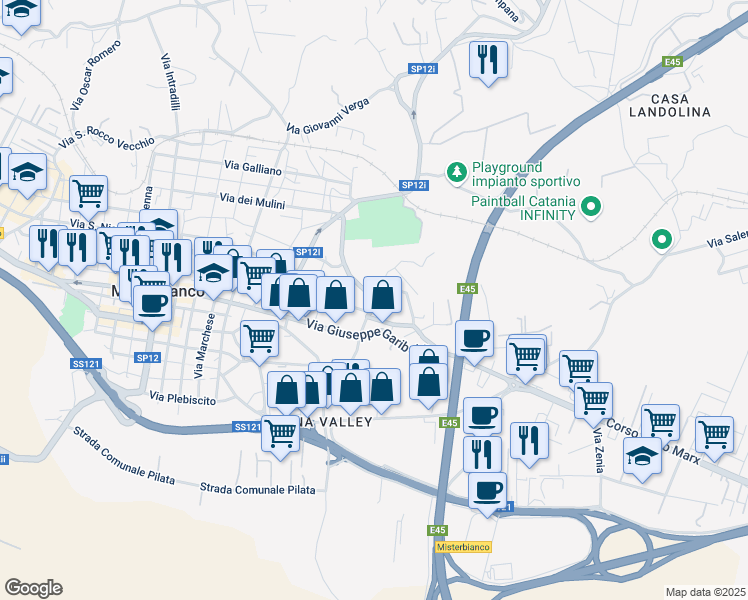 map of restaurants, bars, coffee shops, grocery stores, and more near 26 Via Ammiraglio Caracciolo in Misterbianco