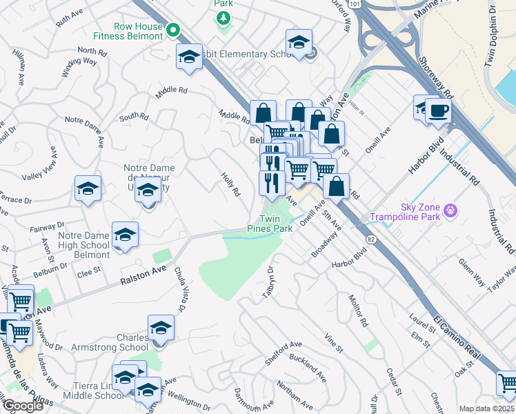 map of restaurants, bars, coffee shops, grocery stores, and more near 1080 Ralston Avenue in Belmont