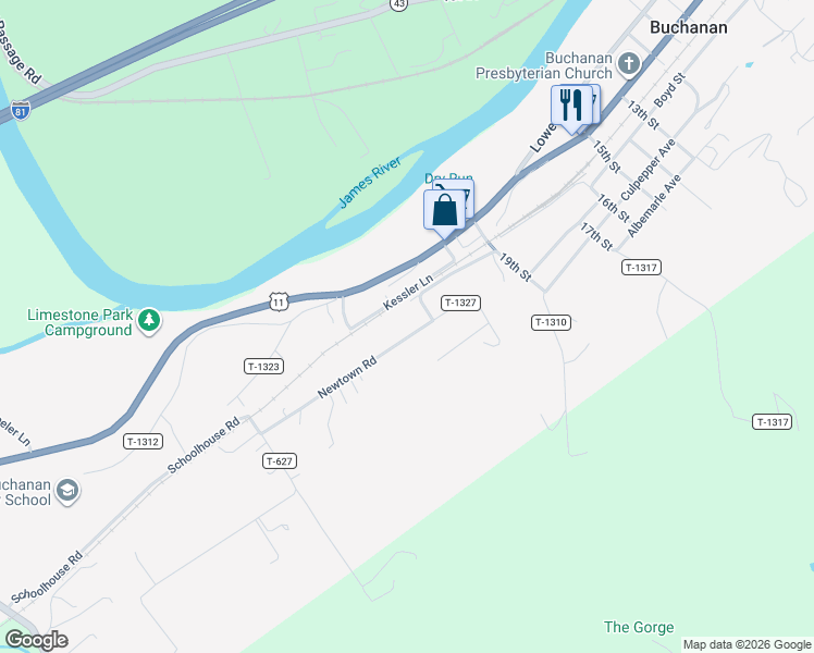 map of restaurants, bars, coffee shops, grocery stores, and more near 411 Newtown Road in Buchanan