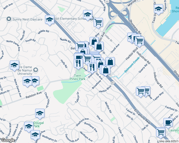 map of restaurants, bars, coffee shops, grocery stores, and more near 1235 6th Avenue in Belmont