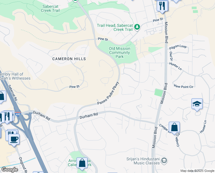 map of restaurants, bars, coffee shops, grocery stores, and more near 44030 Geddy Court in Fremont