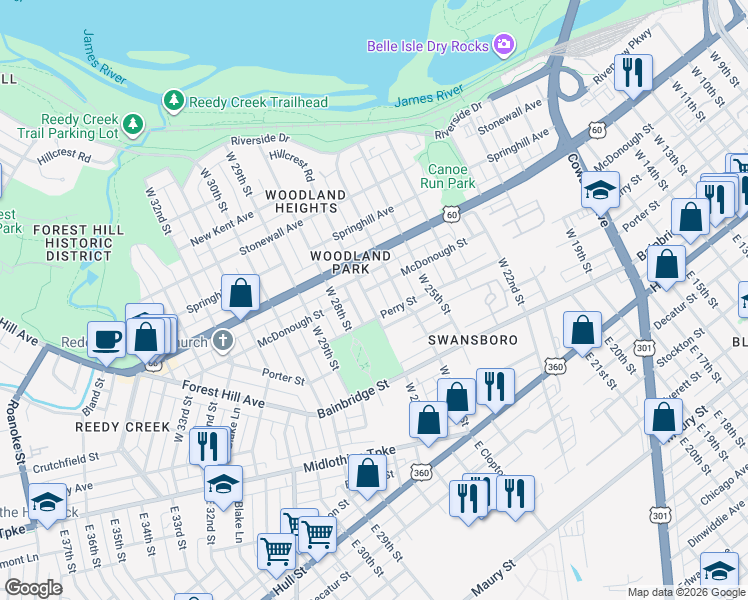 map of restaurants, bars, coffee shops, grocery stores, and more near 313 West 27th Street in Richmond