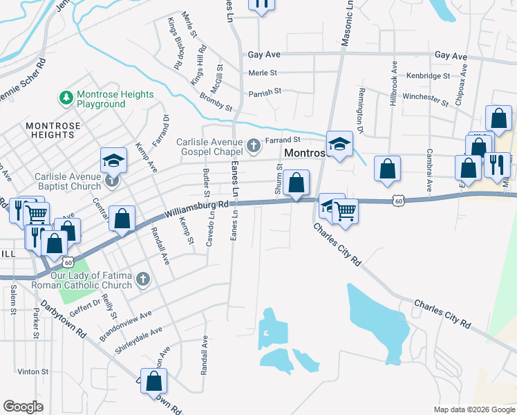 map of restaurants, bars, coffee shops, grocery stores, and more near 5100 Carters Pond Court in Richmond