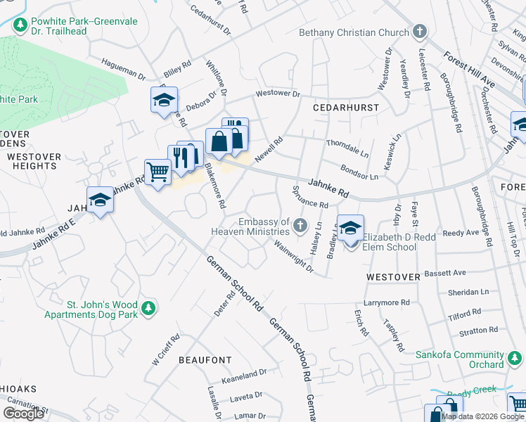 map of restaurants, bars, coffee shops, grocery stores, and more near 6033 Glenway Drive in Richmond