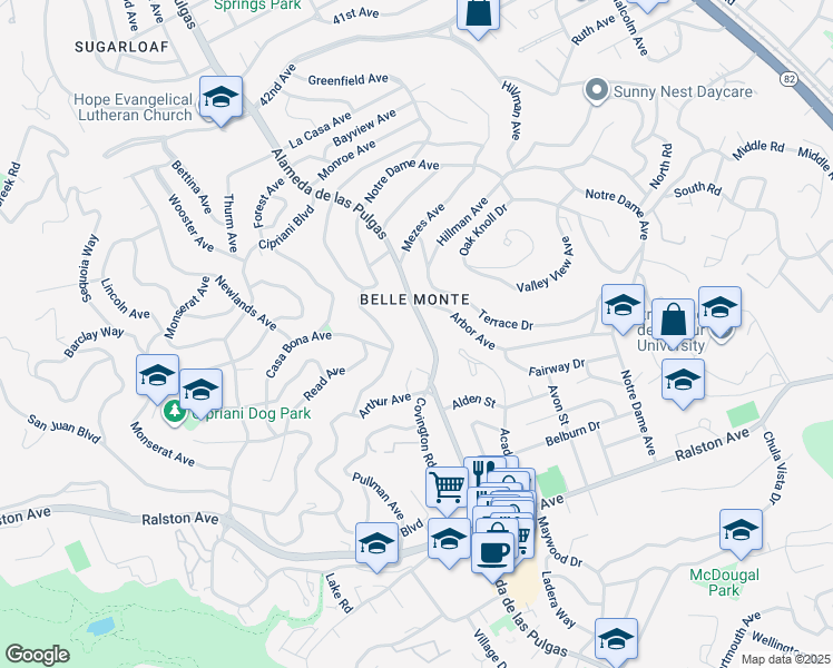 map of restaurants, bars, coffee shops, grocery stores, and more near 710 Alameda de las Pulgas in Belmont