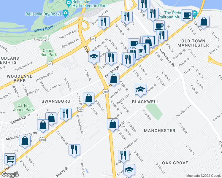 map of restaurants, bars, coffee shops, grocery stores, and more near 1624 East 17th Street in Richmond