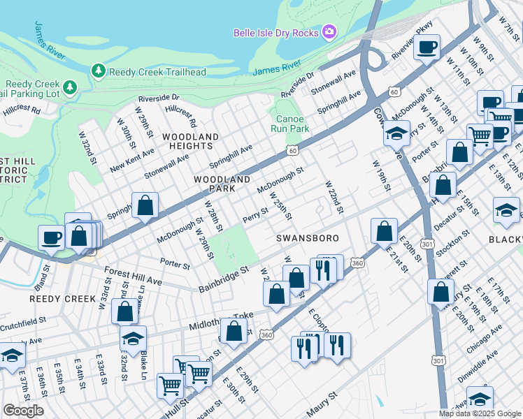 map of restaurants, bars, coffee shops, grocery stores, and more near 301 West 26th Street in Richmond