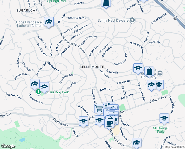 map of restaurants, bars, coffee shops, grocery stores, and more near 710 Alameda de las Pulgas in Belmont