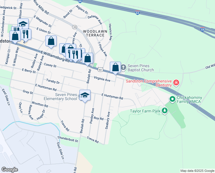 map of restaurants, bars, coffee shops, grocery stores, and more near 106 Sandston Avenue in Sandston