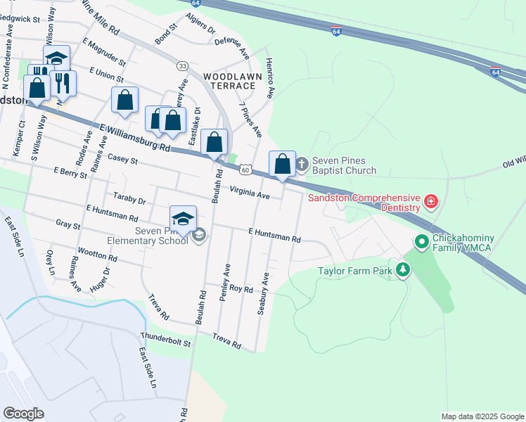 map of restaurants, bars, coffee shops, grocery stores, and more near 106 Sandston Avenue in Sandston