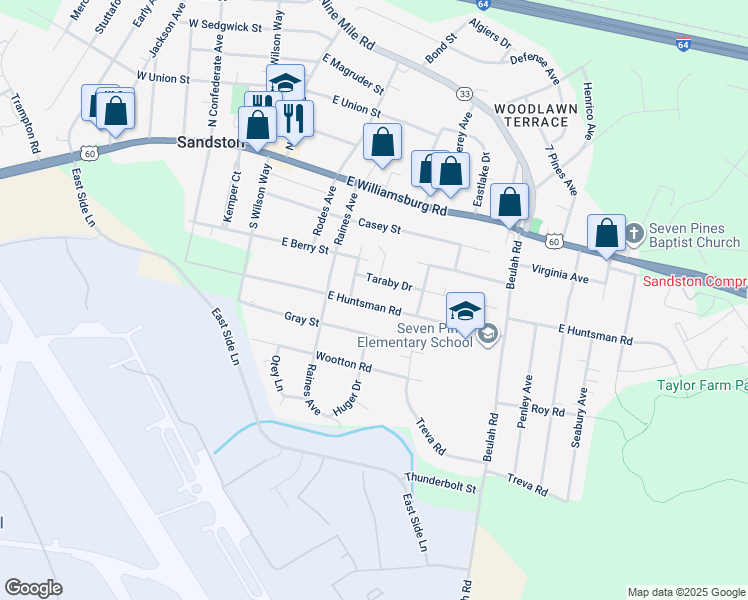 map of restaurants, bars, coffee shops, grocery stores, and more near 106 East Huntsman Road in Sandston
