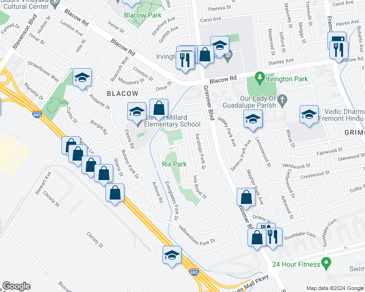 map of restaurants, bars, coffee shops, grocery stores, and more near 42604 Ravensbourne Park Street in Fremont