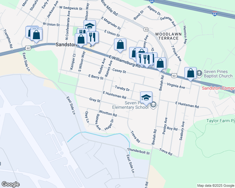 map of restaurants, bars, coffee shops, grocery stores, and more near 106 East Huntsman Road in Sandston