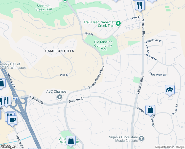 map of restaurants, bars, coffee shops, grocery stores, and more near 44030 Geddy Court in Fremont