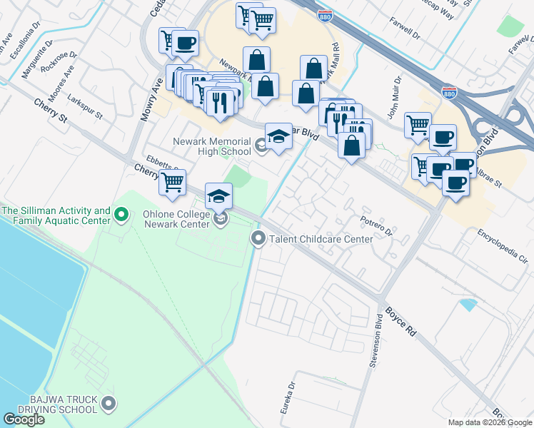 map of restaurants, bars, coffee shops, grocery stores, and more near 6371 Joaquin Murieta Avenue in Newark