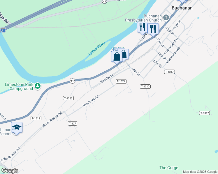 map of restaurants, bars, coffee shops, grocery stores, and more near 411 Newtown Road in Buchanan