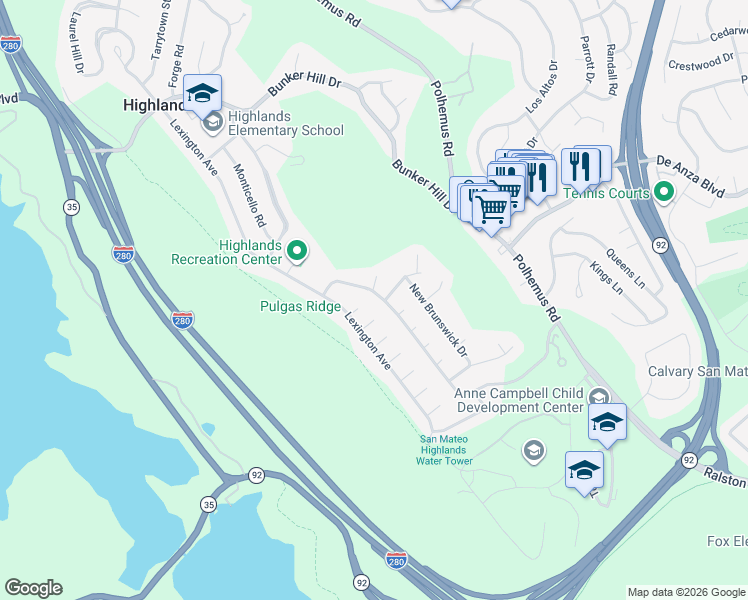 map of restaurants, bars, coffee shops, grocery stores, and more near 1984 Ticonderoga Drive in San Mateo