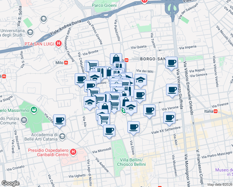 map of restaurants, bars, coffee shops, grocery stores, and more near 12 Via Borgo in Catania
