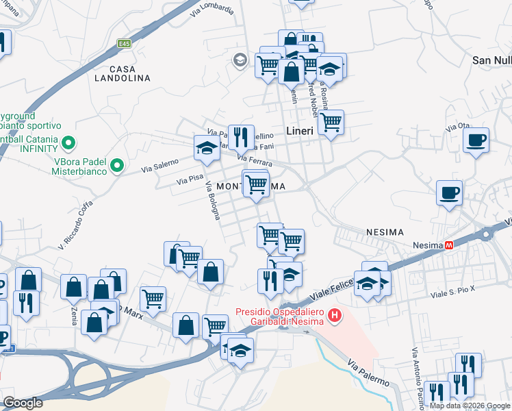 map of restaurants, bars, coffee shops, grocery stores, and more near 60 Via Milano in Misterbianco