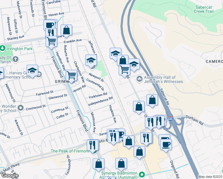 map of restaurants, bars, coffee shops, grocery stores, and more near 43294 Newport Drive in Fremont