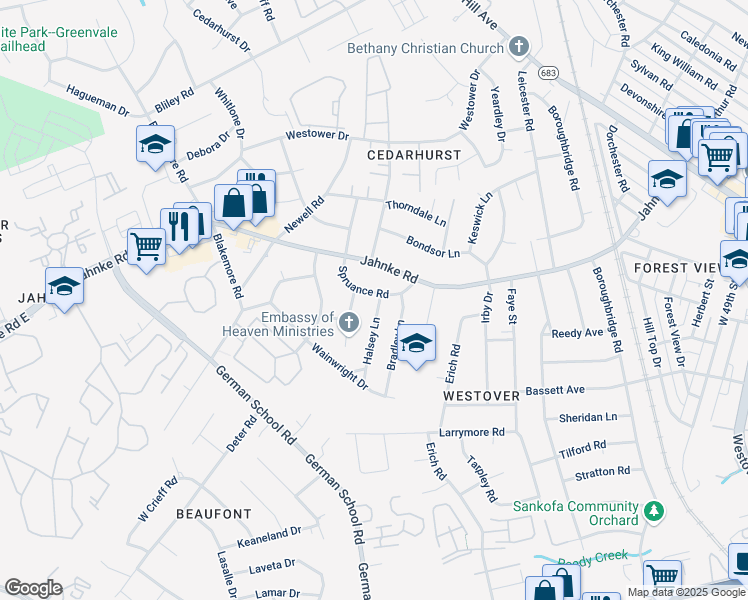 map of restaurants, bars, coffee shops, grocery stores, and more near 5801 Spruance Road in Richmond