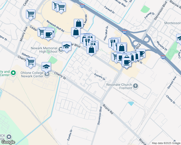 map of restaurants, bars, coffee shops, grocery stores, and more near 6209 Potrero Drive in Newark