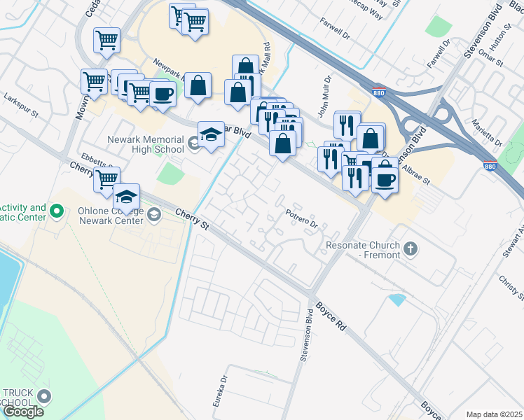 map of restaurants, bars, coffee shops, grocery stores, and more near 6234 Joaquin Murieta Avenue in Newark