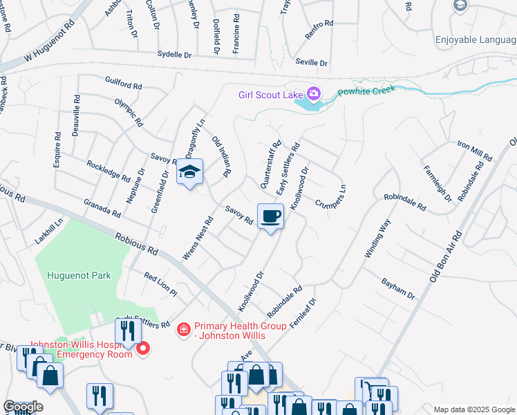 map of restaurants, bars, coffee shops, grocery stores, and more near 10600 Wrens Nest Court in Richmond