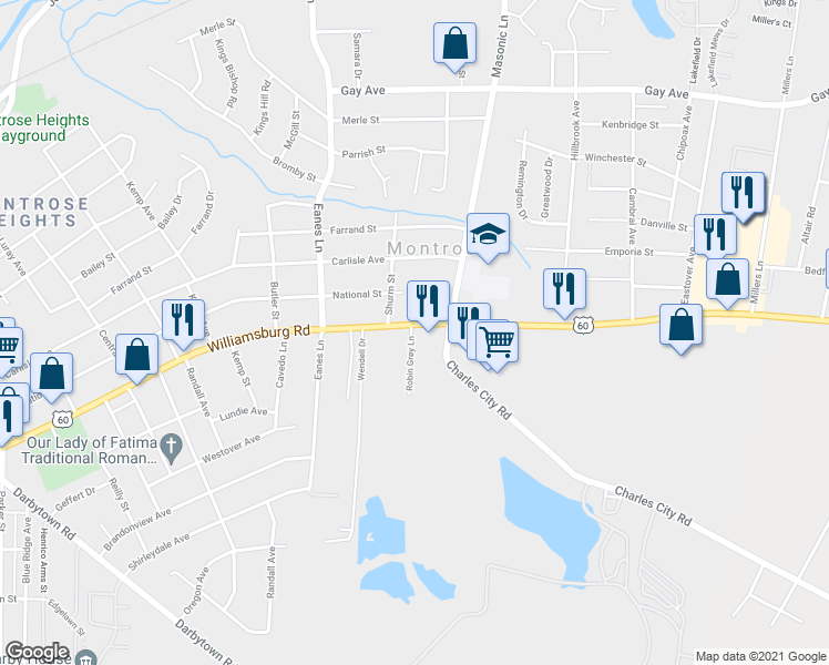 map of restaurants, bars, coffee shops, grocery stores, and more near 5105 Robin Grey Lane in Richmond