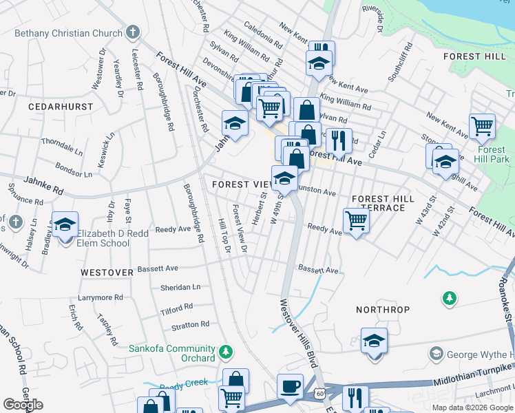 map of restaurants, bars, coffee shops, grocery stores, and more near 4906 Schutte Avenue in Richmond