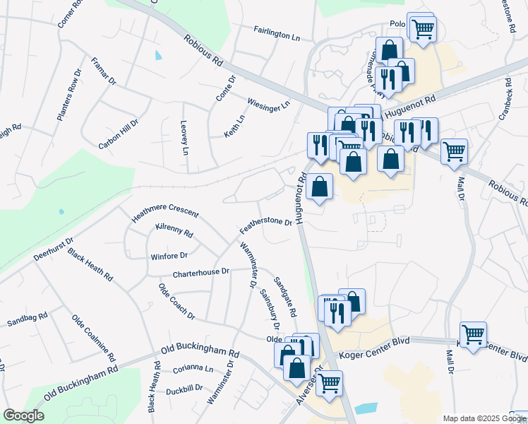 map of restaurants, bars, coffee shops, grocery stores, and more near 1836 Featherstone Drive in Midlothian