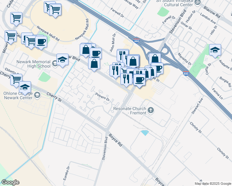 map of restaurants, bars, coffee shops, grocery stores, and more near 39975 Cedar Boulevard in Newark