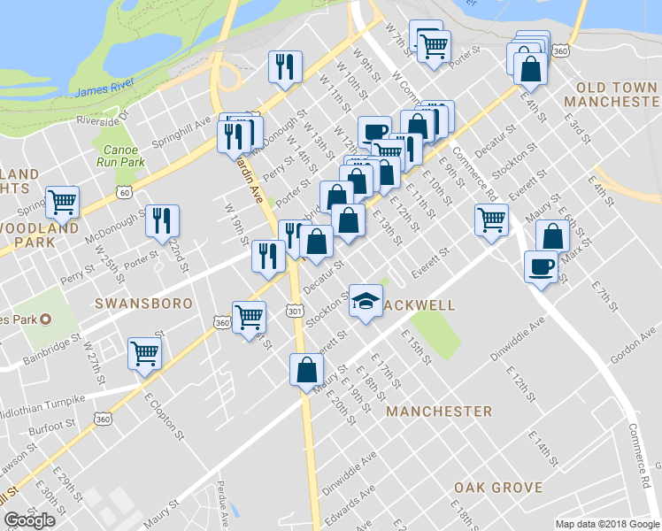map of restaurants, bars, coffee shops, grocery stores, and more near 1515 Decatur Street in Richmond