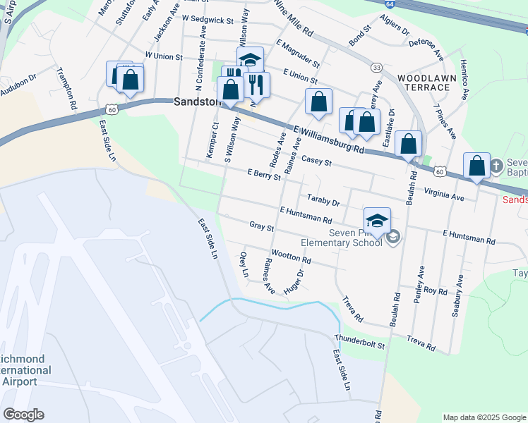 map of restaurants, bars, coffee shops, grocery stores, and more near 23 East Huntsman Road in Sandston