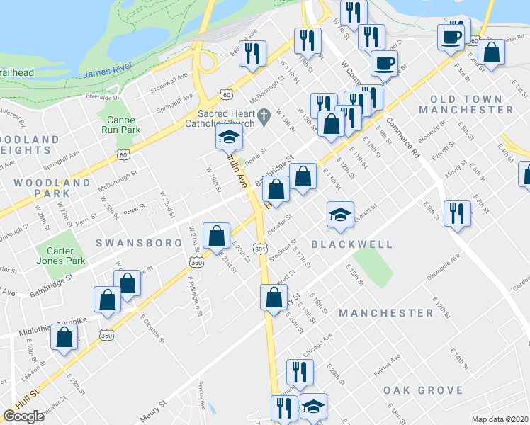 map of restaurants, bars, coffee shops, grocery stores, and more near 17 East 17th Street in Richmond