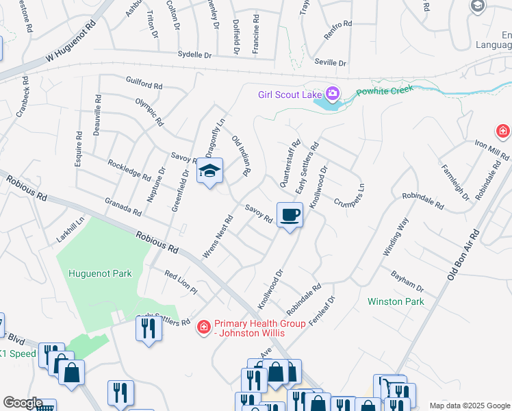 map of restaurants, bars, coffee shops, grocery stores, and more near 10656 Savoy Road in Richmond