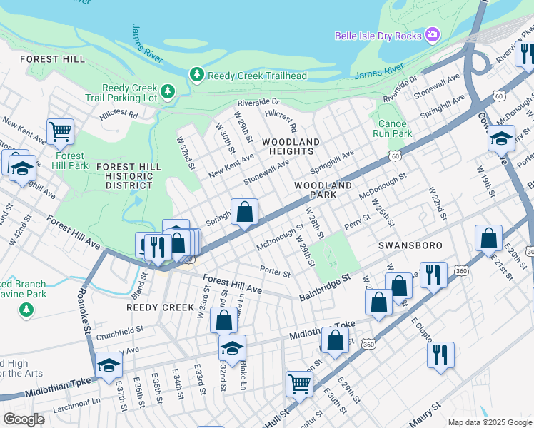 map of restaurants, bars, coffee shops, grocery stores, and more near 2919 Semmes Avenue in Richmond