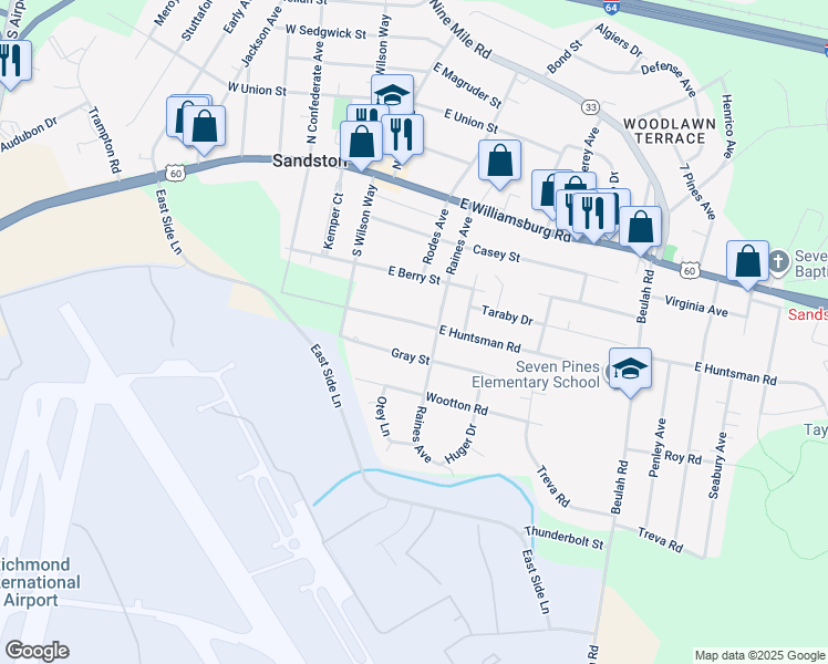 map of restaurants, bars, coffee shops, grocery stores, and more near 23 East Huntsman Road in Sandston