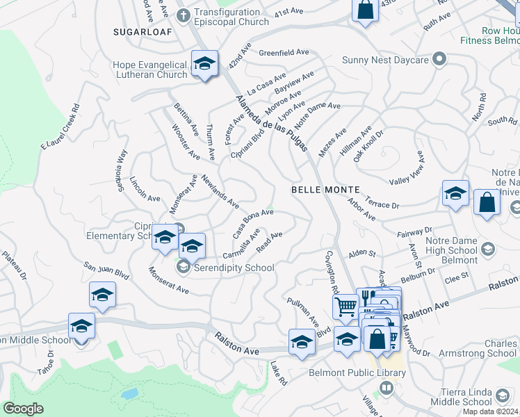 map of restaurants, bars, coffee shops, grocery stores, and more near 2326 Casa Bona Avenue in Belmont