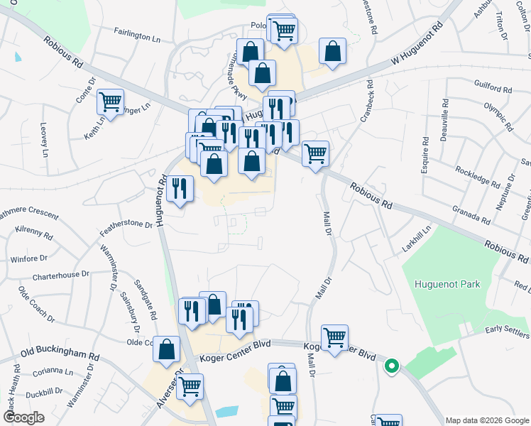 map of restaurants, bars, coffee shops, grocery stores, and more near 11357 Dunbrook Road in Bon Air